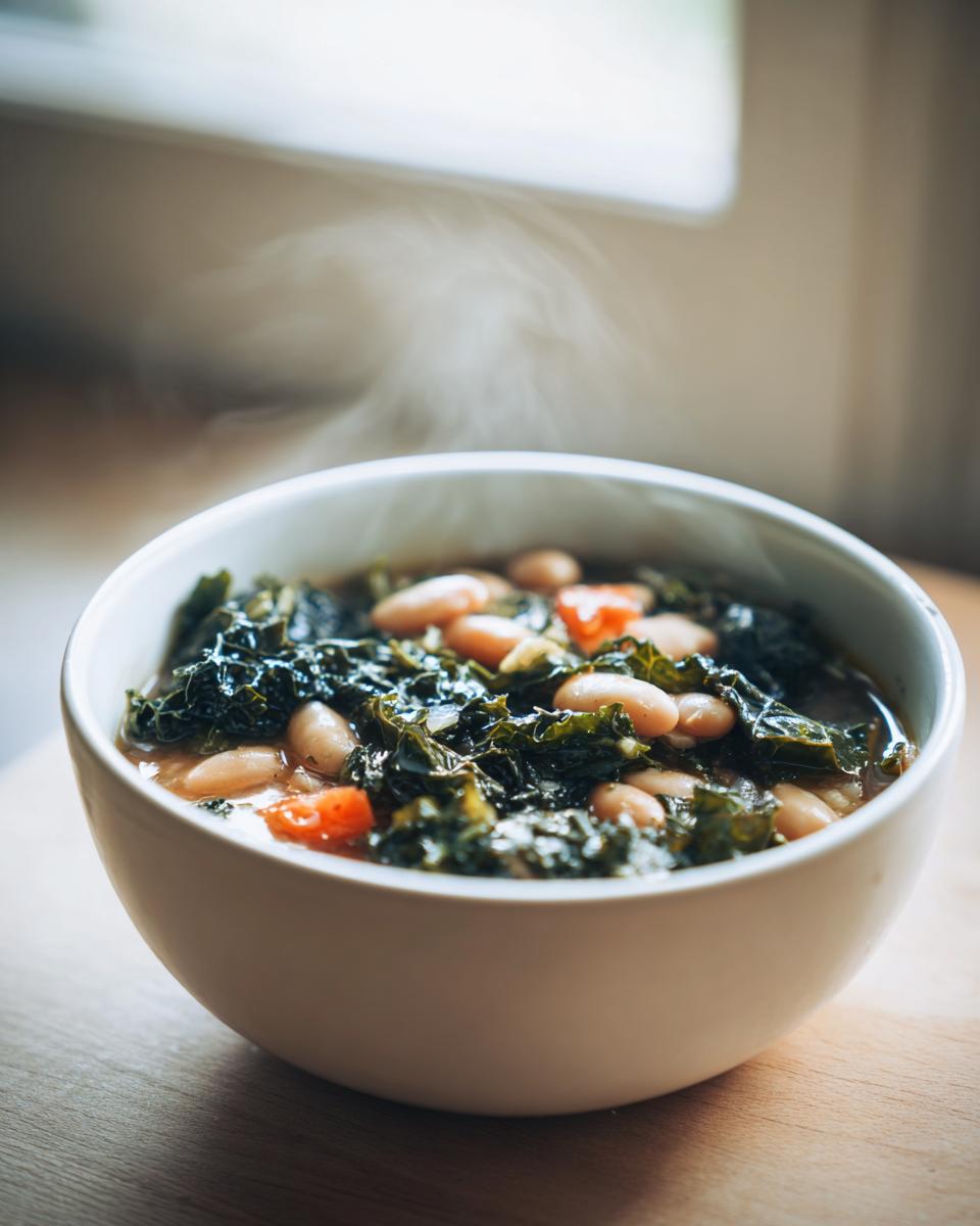 Close-up of a steaming white bowl filled with Easy Tuscan White Bean Soup, featuring white beans, dark green kale, and carrots.