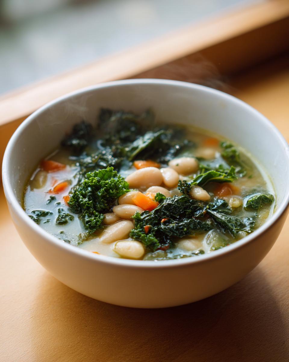 A steaming white bowl filled with Easy Tuscan White Bean Soup featuring white beans, dark green kale, and diced carrots.