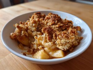 Close-up of a serving of warm apple crumble with golden, crunchy topping and soft, spiced apples underneath.