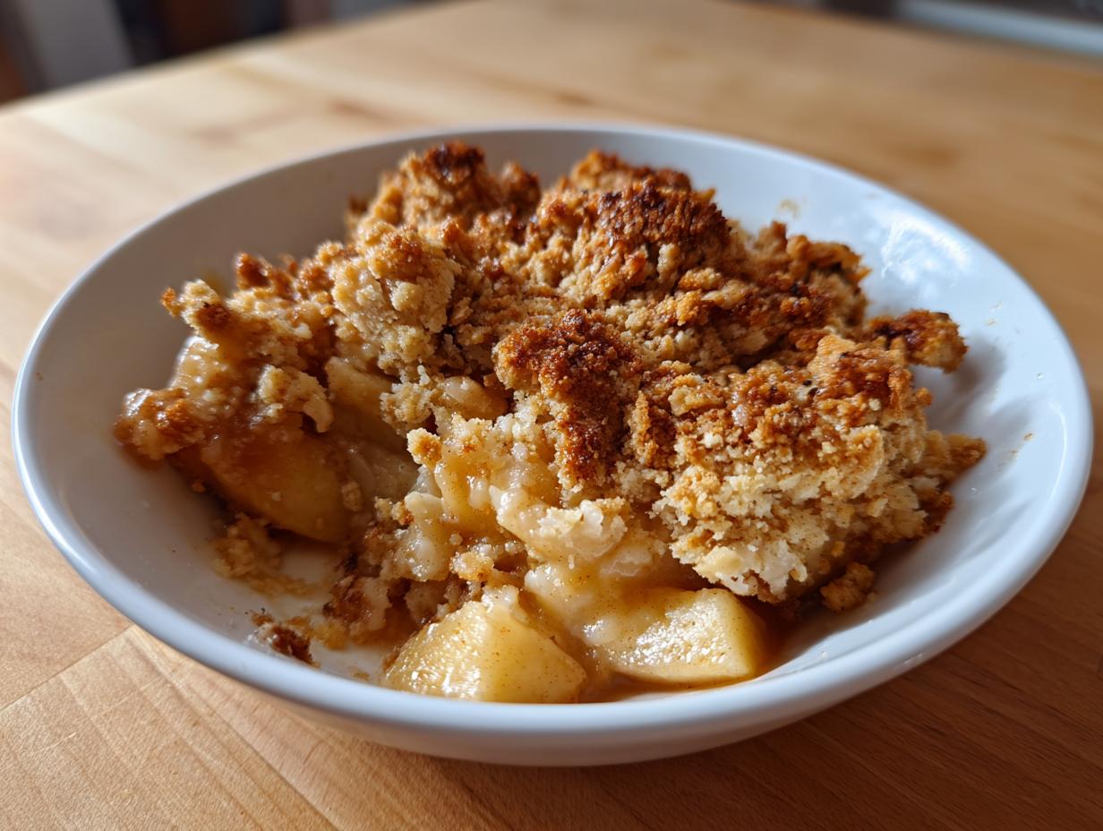 Close-up of a serving of warm apple crumble with golden, crunchy topping and soft, spiced apples underneath.
