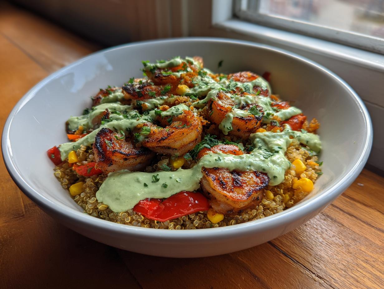 A close-up of a white bowl filled with grilled shrimp bowls, featuring seasoned shrimp over quinoa, corn, peppers, and topped with a creamy green sauce.