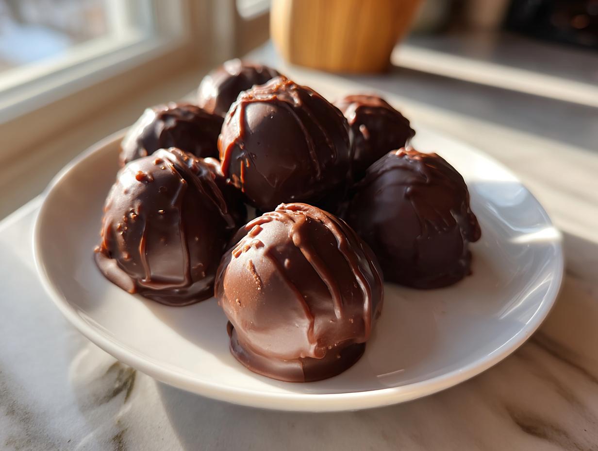 A small white plate filled with several rich, chocolate-coated oreo balls catching the sunlight near a window.