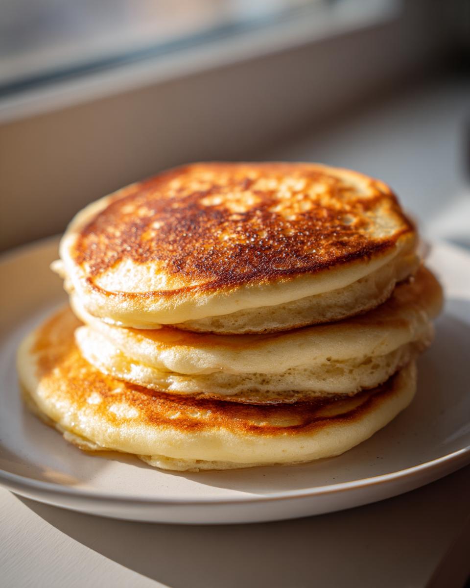A tall stack of four fluffy pancakes from scratch, perfectly golden brown and sitting on a white plate.