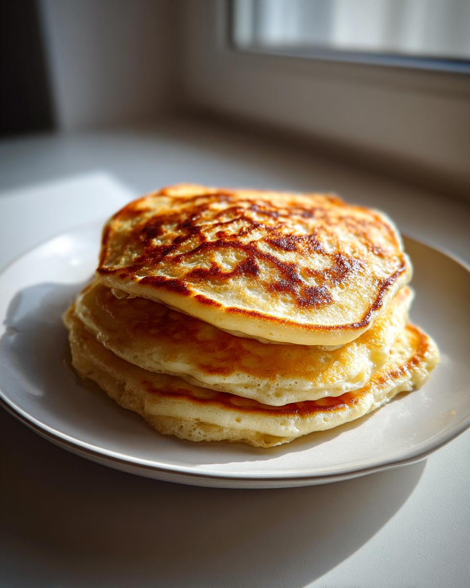 A close-up of three fluffy pancakes from scratch stacked on a white plate, beautifully browned.