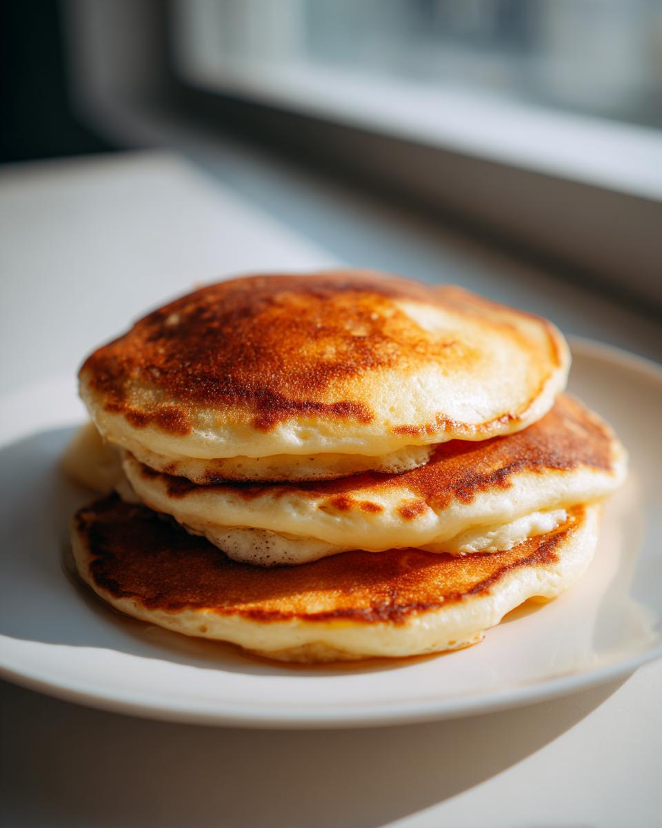 A stack of three golden brown, fluffy pancakes from scratch served on a white plate near a window.