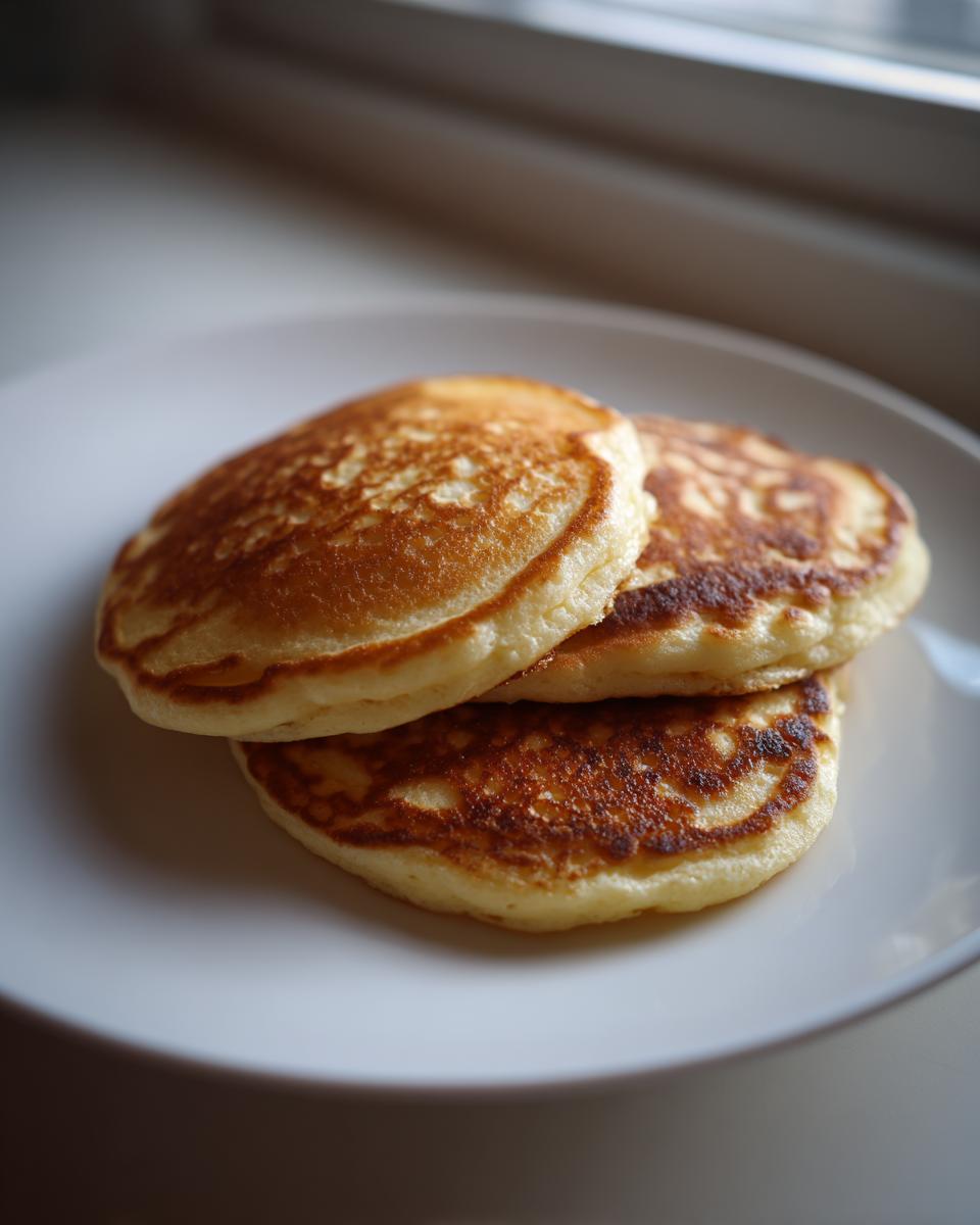 A stack of three golden brown, fluffy pancakes from scratch resting on a white plate near a window.