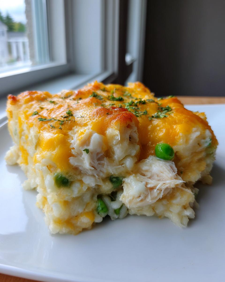 Close-up of a serving of forgotten chicken and rice casserole with shredded chicken, rice, peas, and melted cheddar cheese.