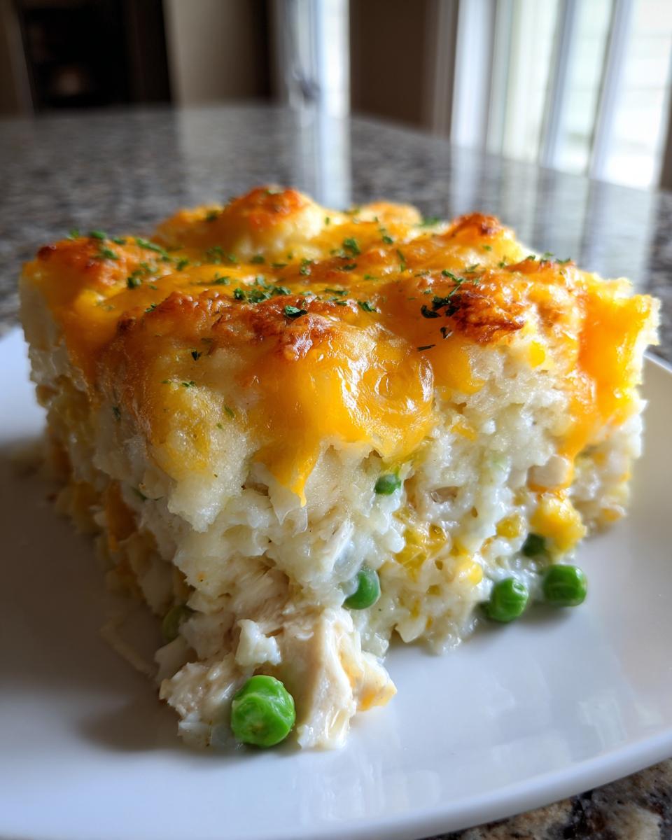 A square serving of forgotten chicken and rice casserole topped with melted cheddar cheese and parsley.