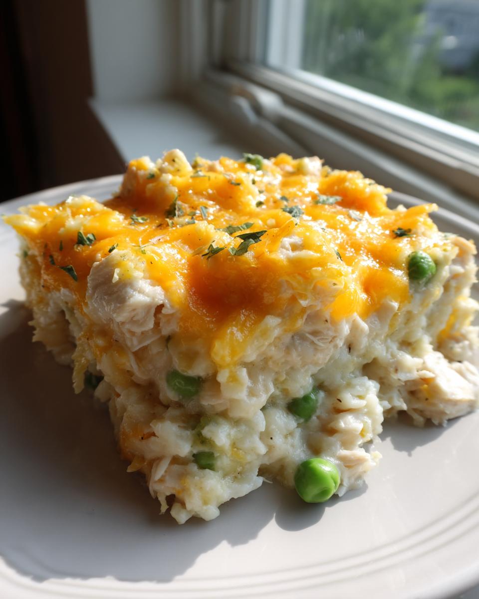 A generous serving of forgotten chicken and rice casserole topped with melted cheddar cheese and parsley.