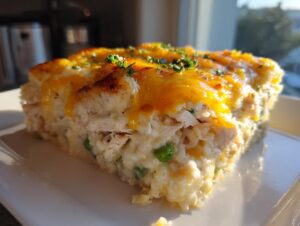 A close-up slice of forgotten chicken and rice casserole showing shredded chicken, rice, peas, and a melted cheddar cheese topping garnished with parsley.