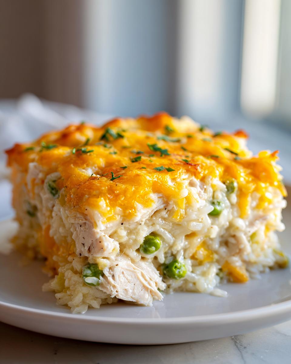 A close-up shot of a square serving of forgotten chicken and rice casserole topped with melted cheddar cheese.