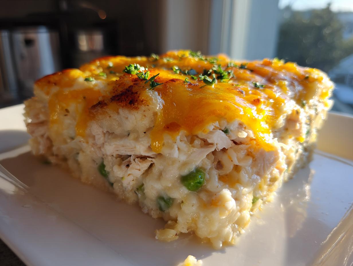 A close-up slice of forgotten chicken and rice casserole showing shredded chicken, rice, peas, and a melted cheddar cheese topping garnished with parsley.