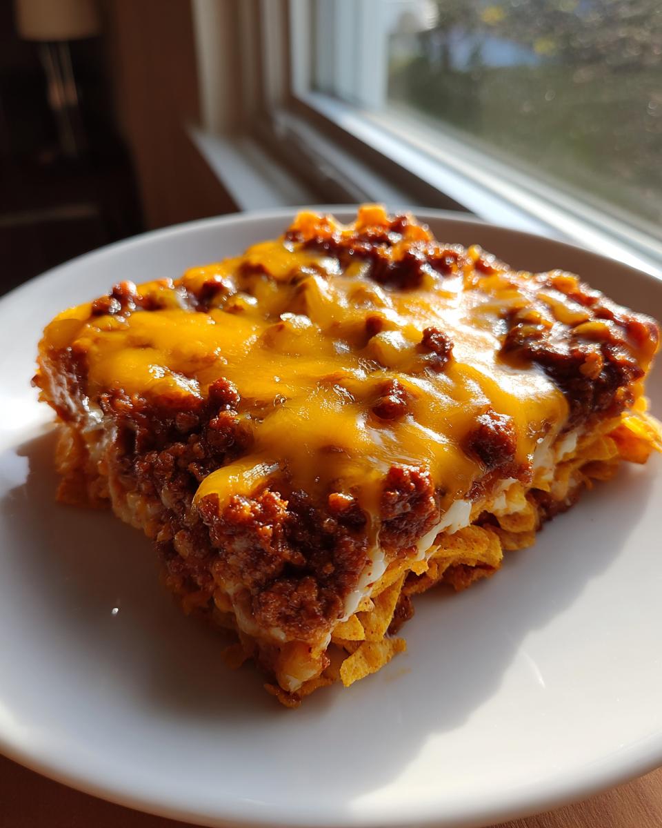 A close-up serving of Frito Pie casserole featuring layers of chili, melted cheddar cheese, and corn chips.