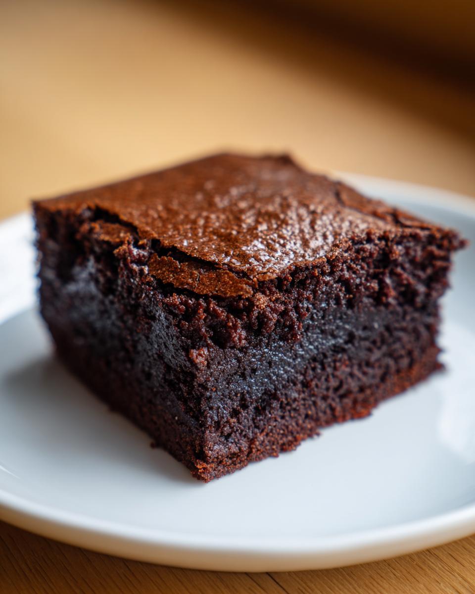 A close-up of a fudgy, dark chocolate zero sugar brownies square sitting on a white plate.