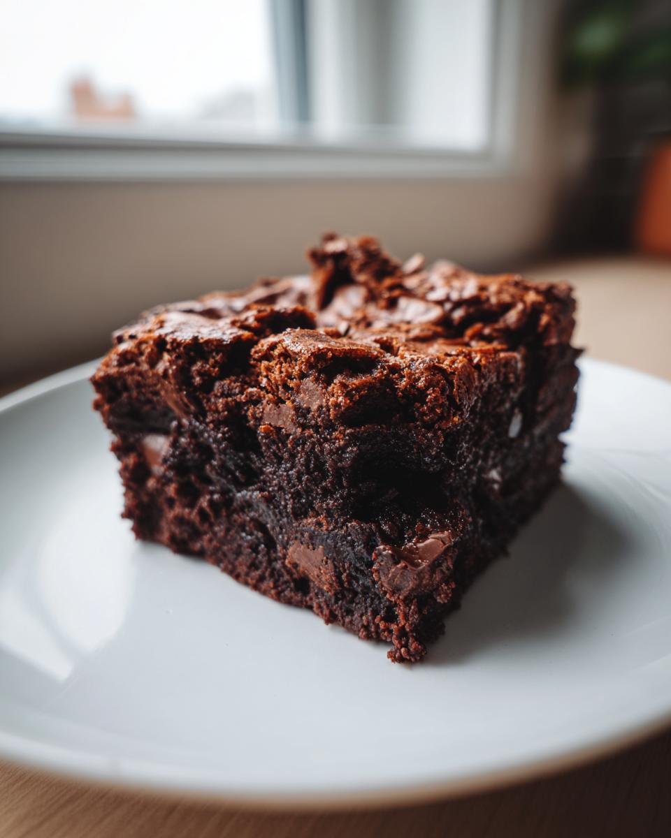 A close-up of a thick, fudgy square of zucchini brownies with a cracked top, served on a white plate.