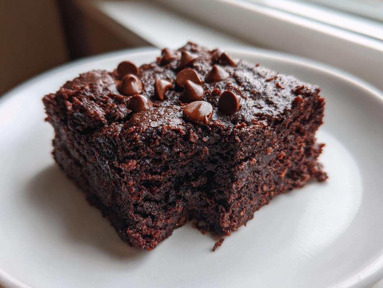 A close-up of a fudgy, dark chocolate zucchini brownies square topped with melted chocolate chips on a white plate.
