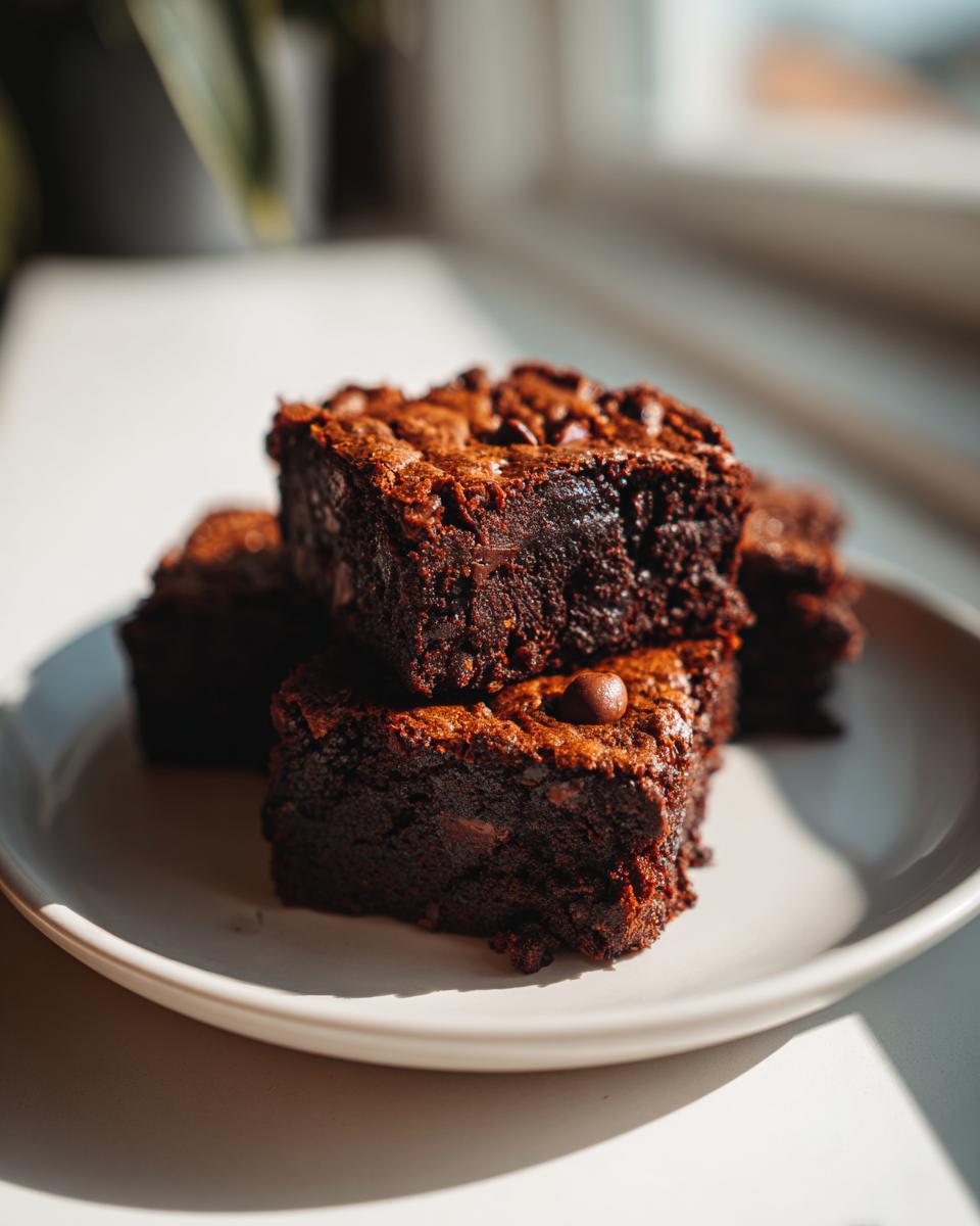 A stack of three fudgy zucchini brownies topped with chocolate chips, served on a light plate near a window.