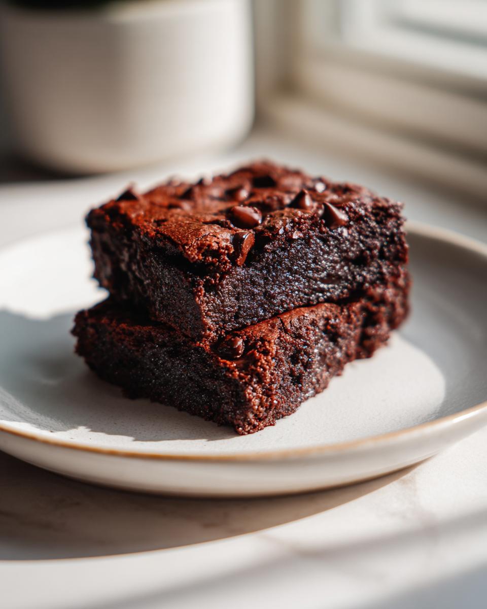 Two fudgy zucchini brownies stacked on a light plate, topped with chocolate chips.