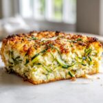 A close-up of a square slice of Garlic Parmesan Zucchini Casserole showing creamy filling and shredded zucchini.