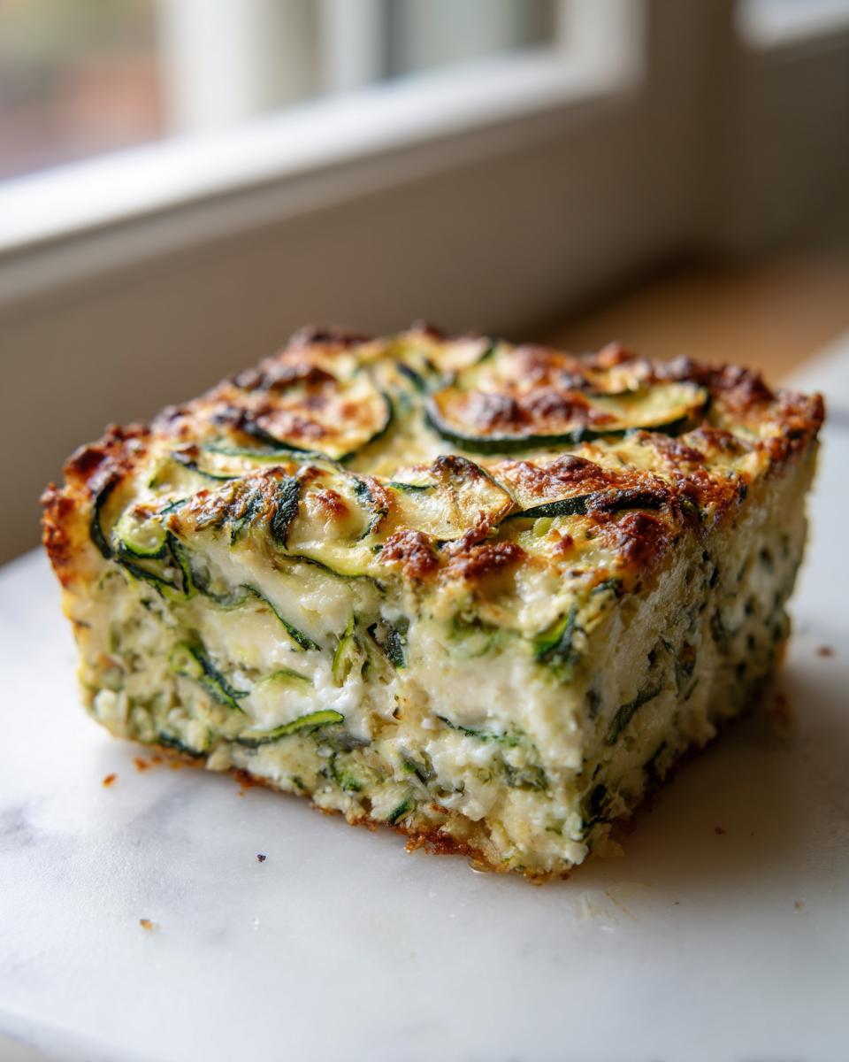 A square slice of baked Garlic Parmesan Zucchini Casserole showing creamy interior and browned cheese topping.