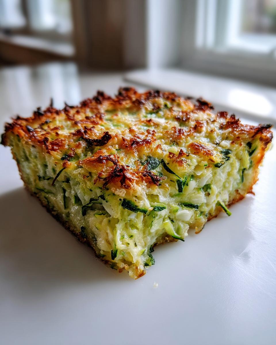 A square slice of baked Garlic Parmesan Zucchini Casserole with a golden, crispy cheese top.