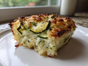 A close-up of a baked slice of Garlic Parmesan Zucchini Casserole with a golden-brown, cheesy top.