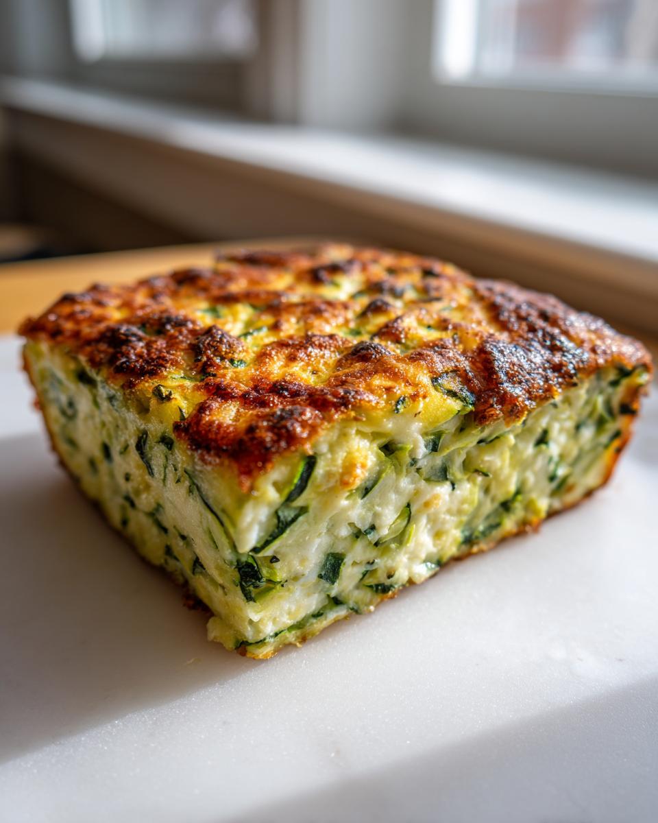 A square slice of baked Garlic Parmesan Zucchini Casserole showing shredded zucchini and a golden, cheesy top.
