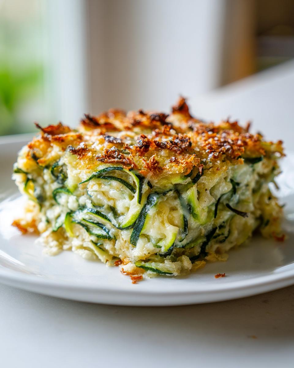 A close-up of a serving of Garlic Parmesan Zucchini Casserole with a golden, crispy topping.