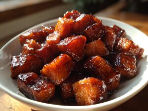 Close-up of glossy, dark amber chunks of braised butternut in a white bowl.
