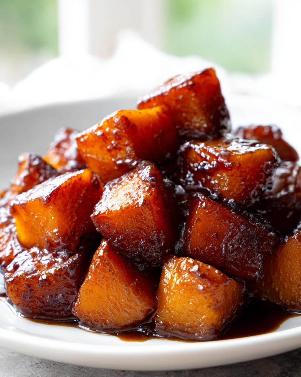 Close-up of sweet, caramelized chunks of braised butternut squash coated in a rich, dark glaze.