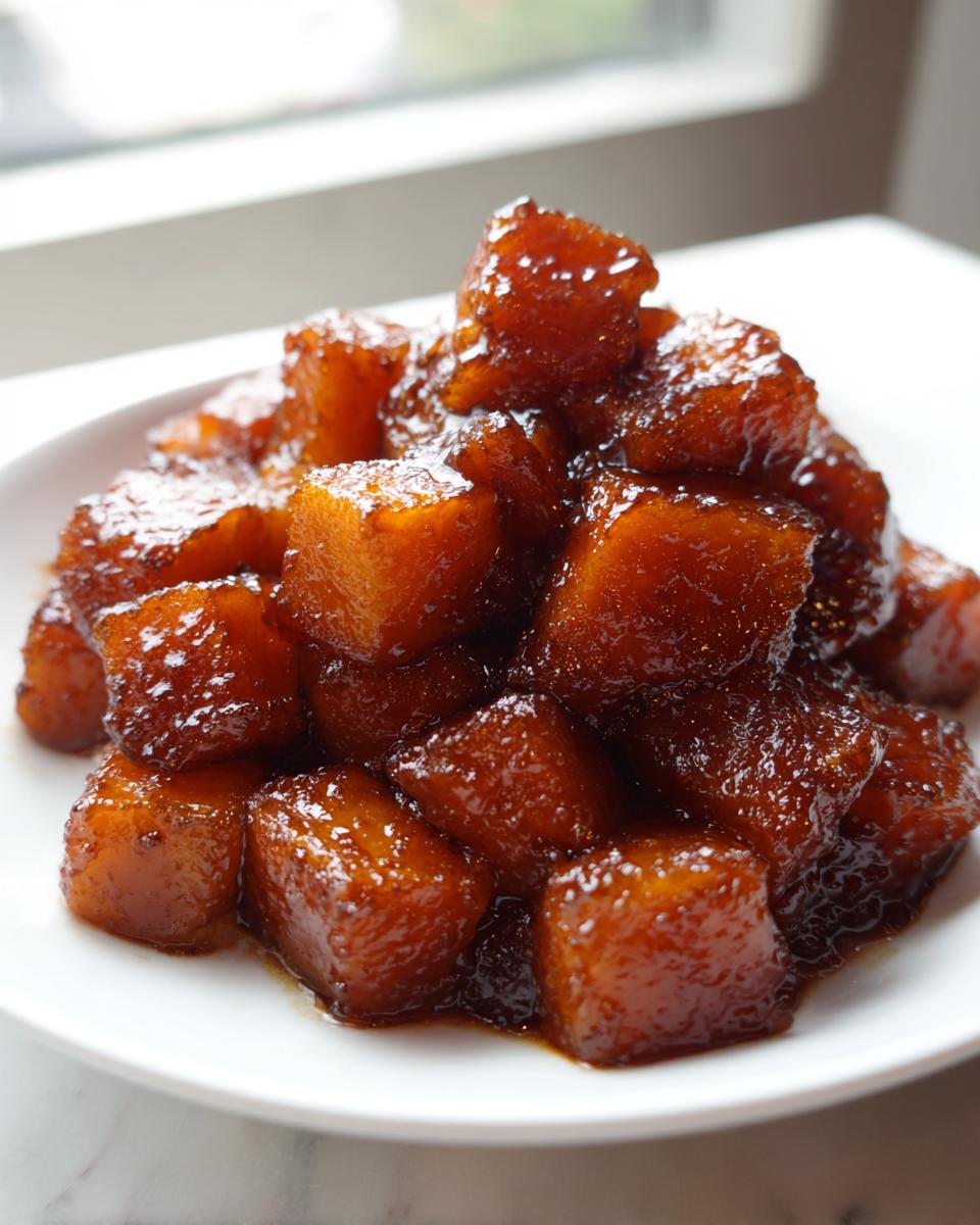 Close-up of rich, dark, glazed cubes of braised butternut stacked on a white plate.