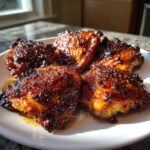 Four pieces of perfectly glazed and caramelized honey garlic chicken served on a white plate.
