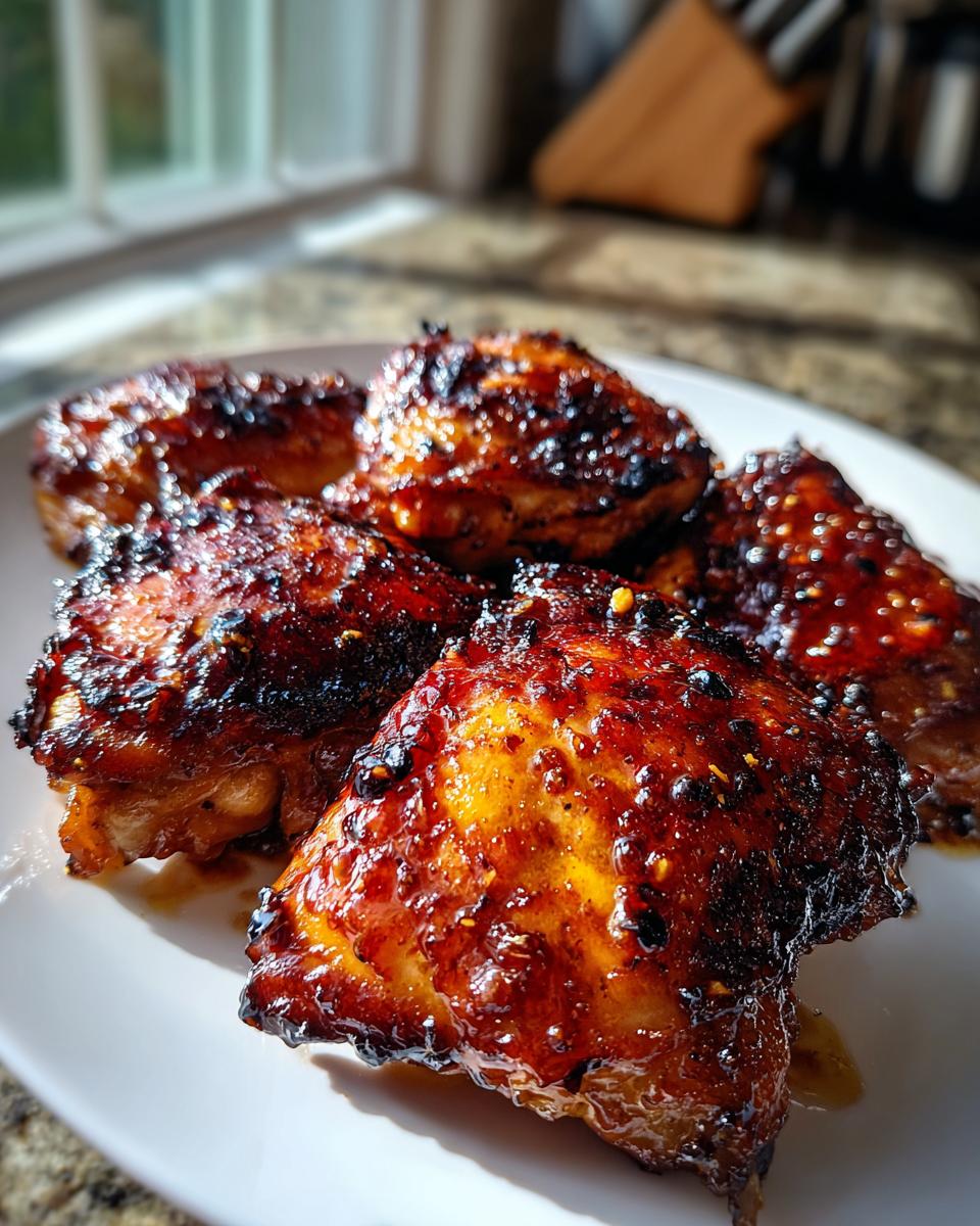 Close-up of five pieces of caramelized, glazed honey garlic chicken thighs served on a white plate.