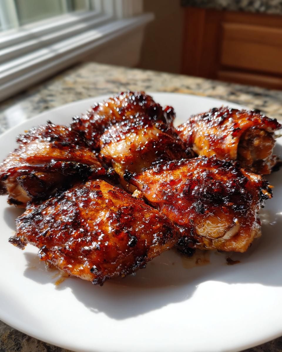 Five pieces of beautifully caramelized honey garlic chicken thighs served on a white plate, glistening under bright light.