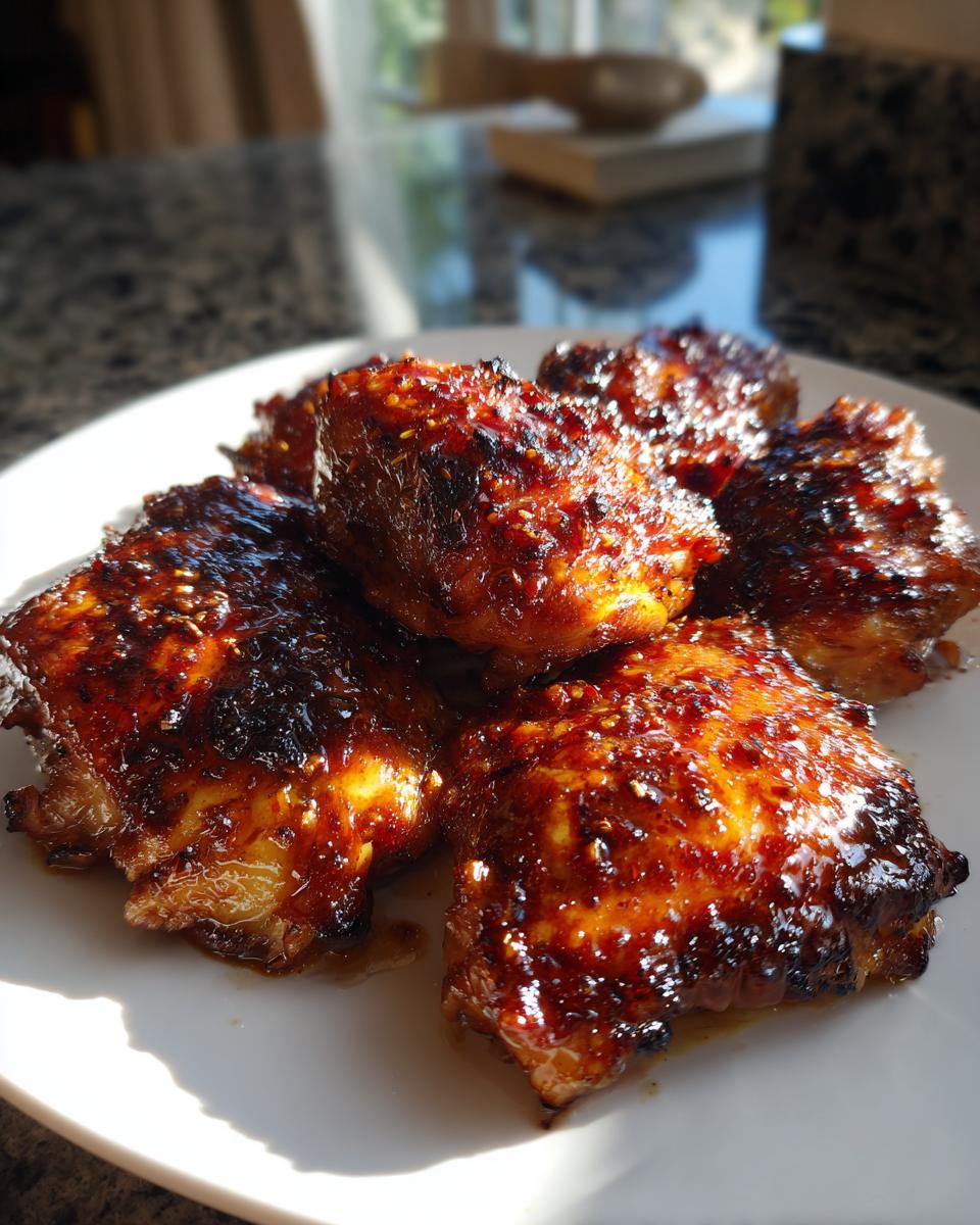 Five pieces of glossy, caramelized honey garlic chicken thighs served on a white plate, glistening under sunlight.