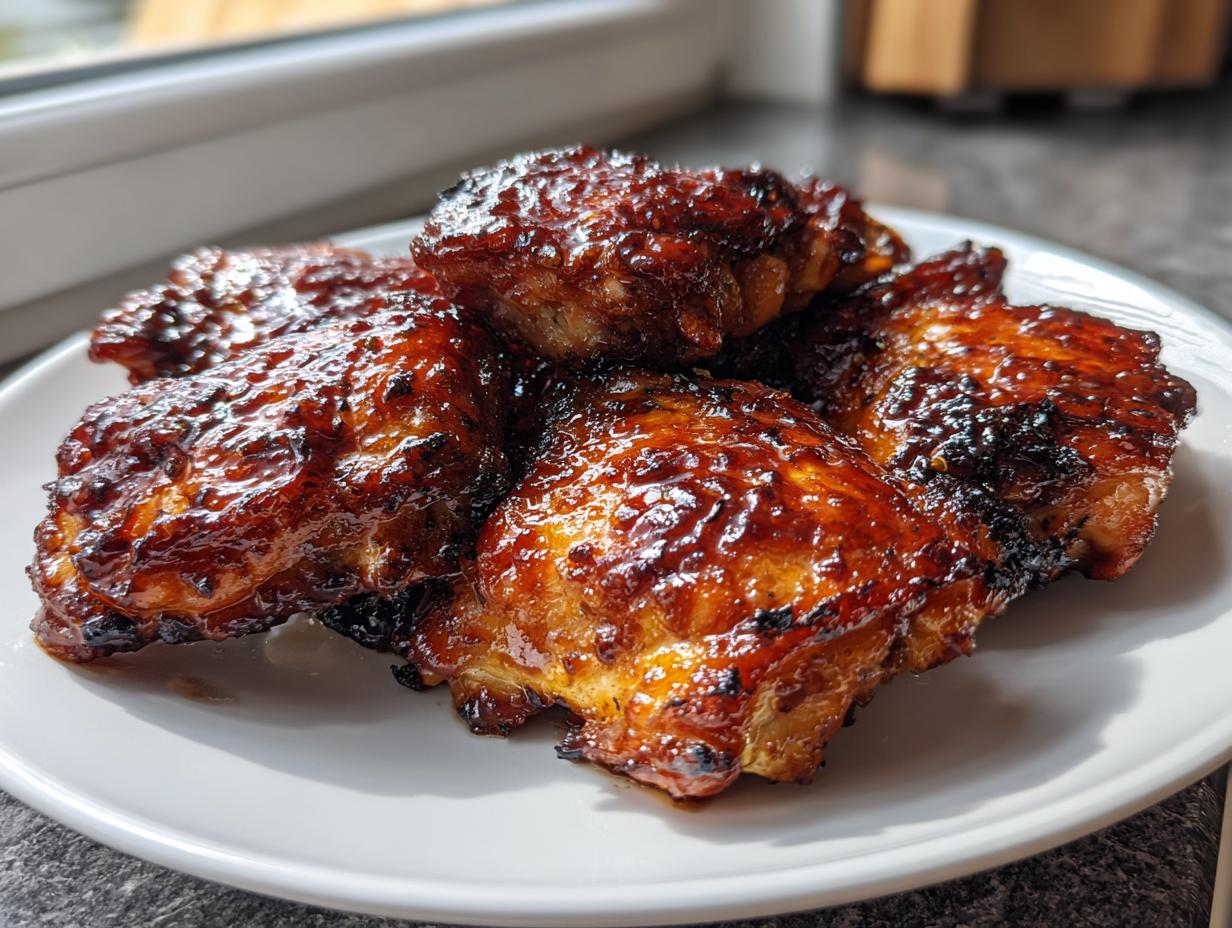 Close-up of several pieces of sticky, glazed honey garlic chicken thighs piled on a white plate.
