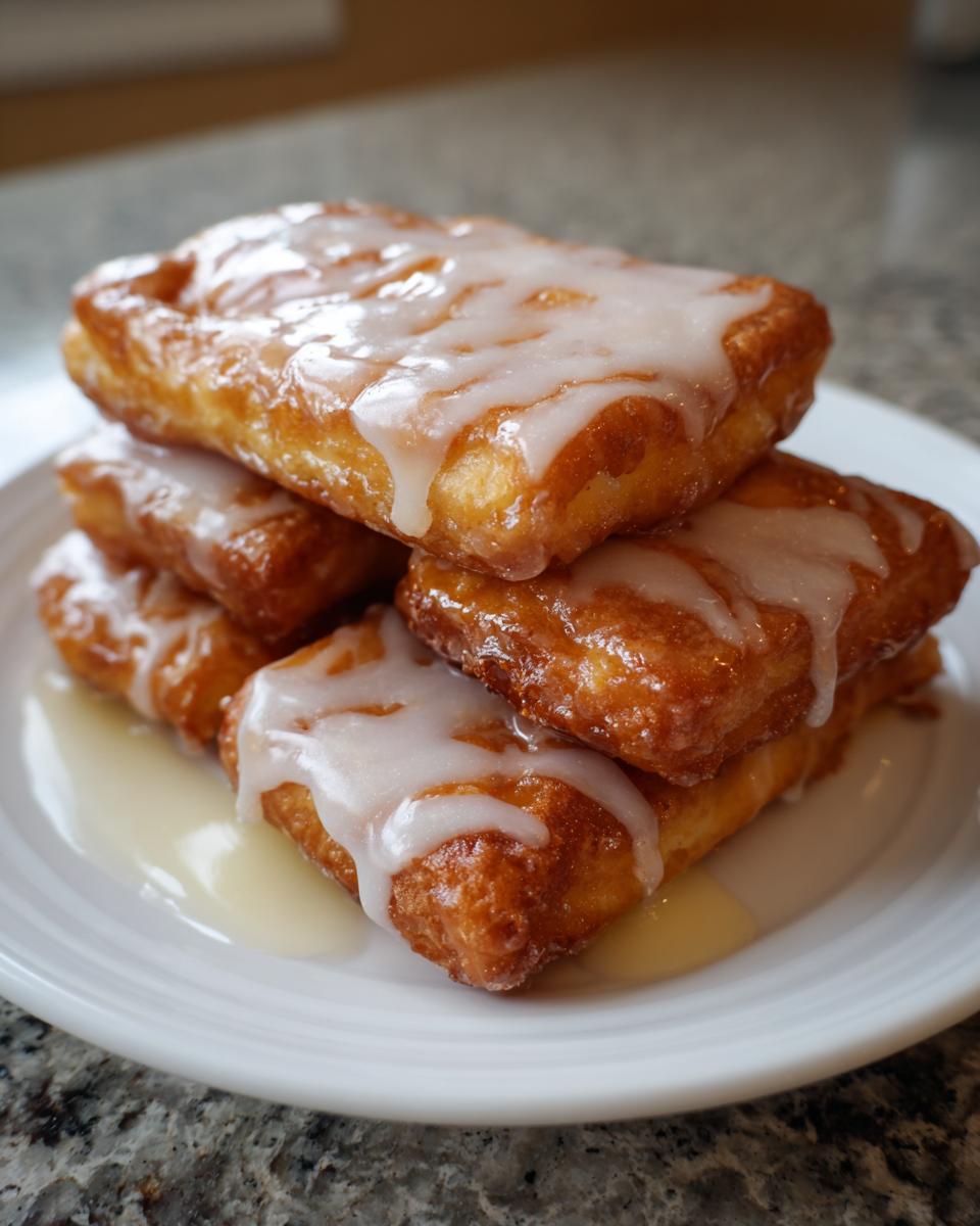 A stack of four golden brown, rectangular maple bars generously topped with white glaze.