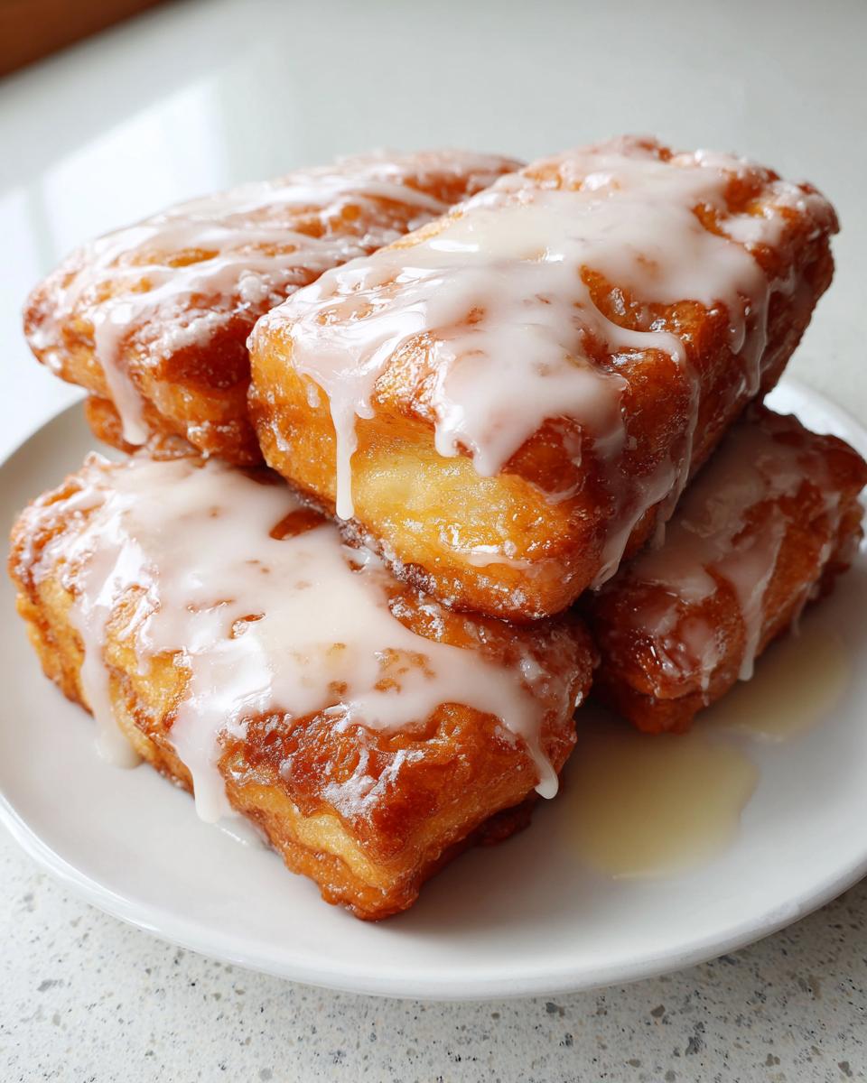 A close-up stack of golden brown, rectangular maple bars generously topped with thick white glaze.