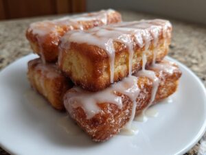 A stack of four golden brown maple bars generously topped with thick, white maple glaze dripping down the sides.