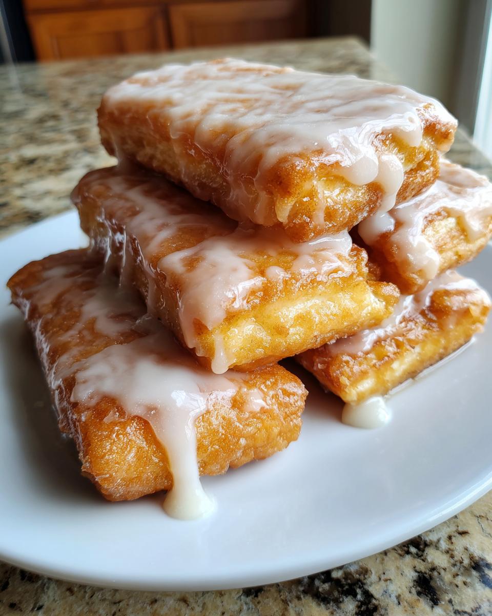 A stack of golden brown, rectangular maple bars generously topped with thick, white glaze dripping down the sides.