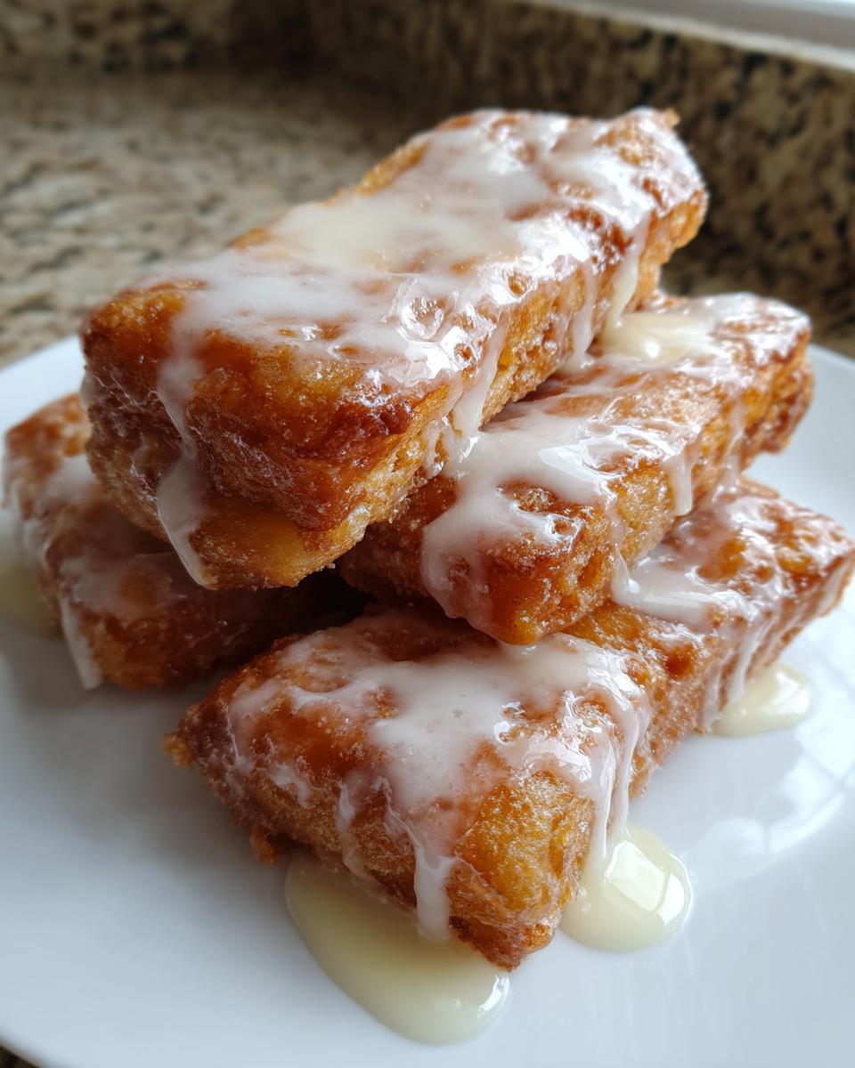 A stack of four golden-brown maple bars generously drizzled with thick white glaze.