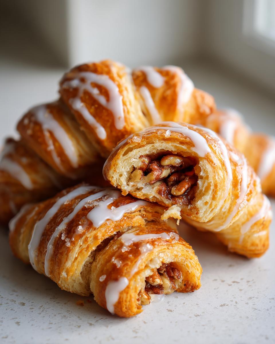 Close-up of flaky pecan pie crescents drizzled with white icing, one cut open showing the rich pecan filling.