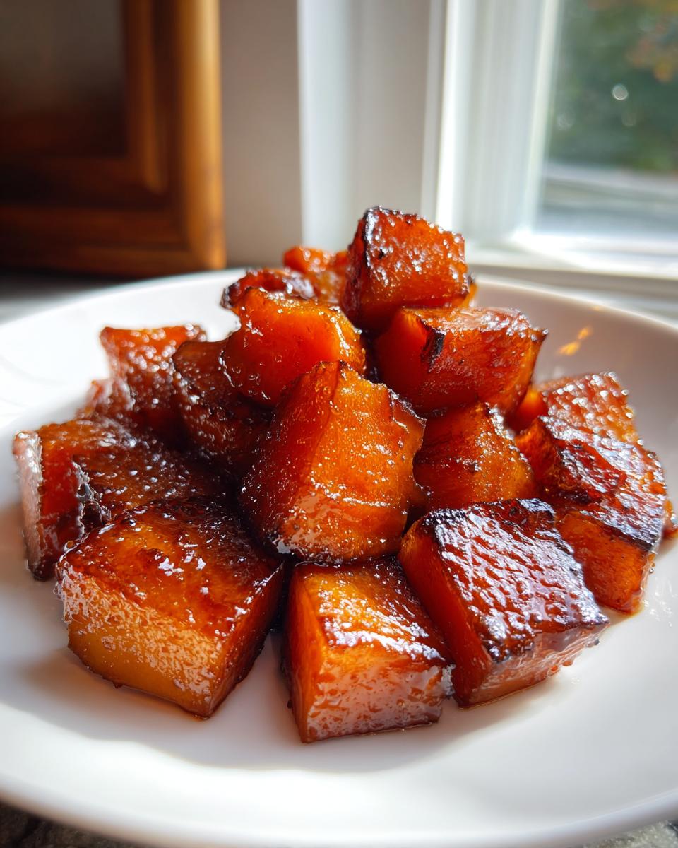 Close-up of glossy, caramelized braised butternut cubes piled on a white plate near a window.