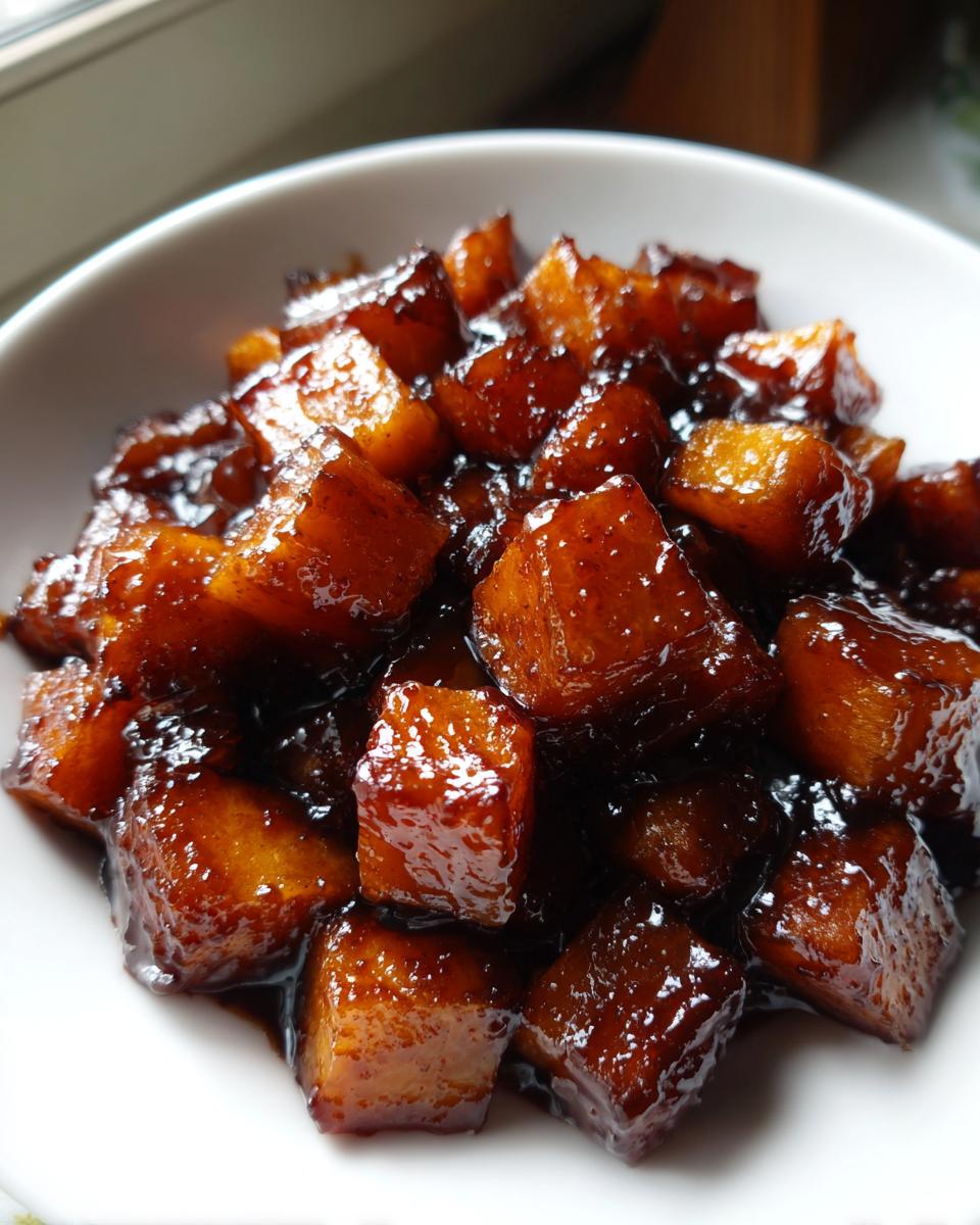 Close-up of glistening, perfectly braised butternut cubes coated in a thick, dark, sweet glaze.