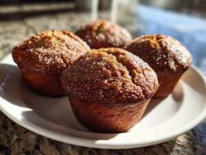 Four freshly baked banana nut muffins with a sparkling sugar topping, resting on a white plate.