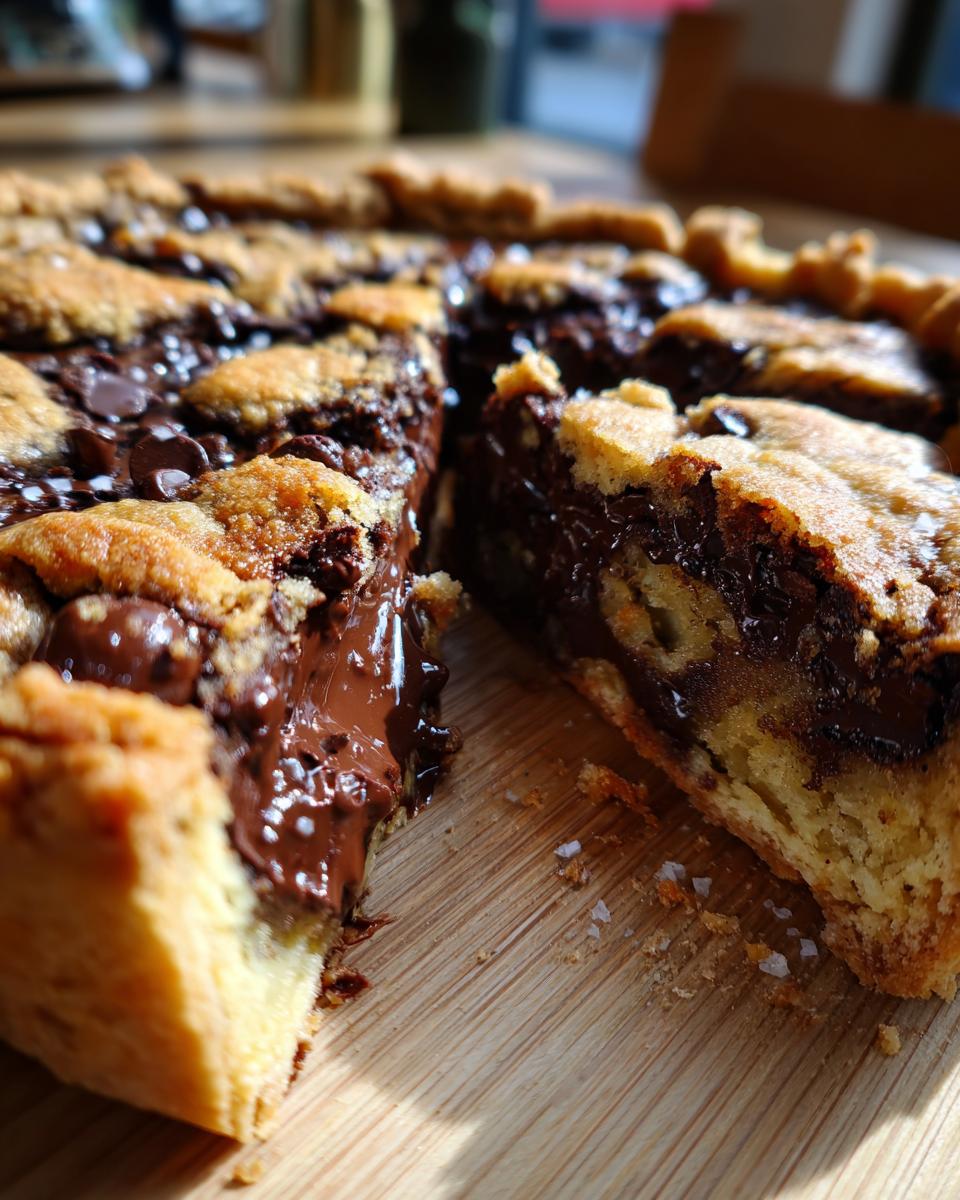 Close-up of a freshly baked nutella stuffed cookie pie with a slice removed, showing the melted chocolate filling.