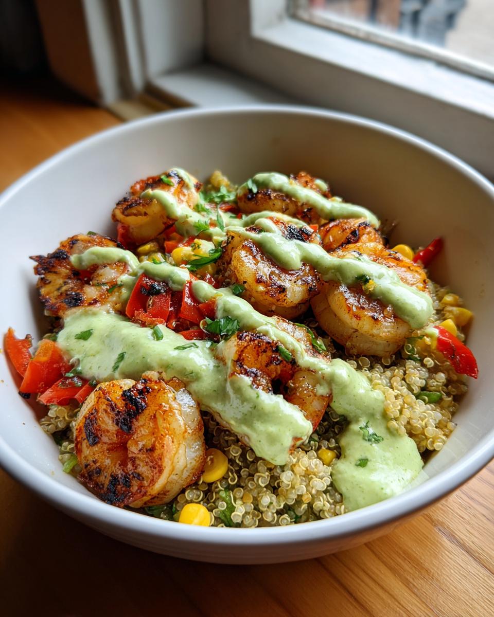 A close-up of a white bowl filled with grilled shrimp bowls, featuring quinoa, corn, peppers, and a creamy green sauce drizzled over the shrimp.