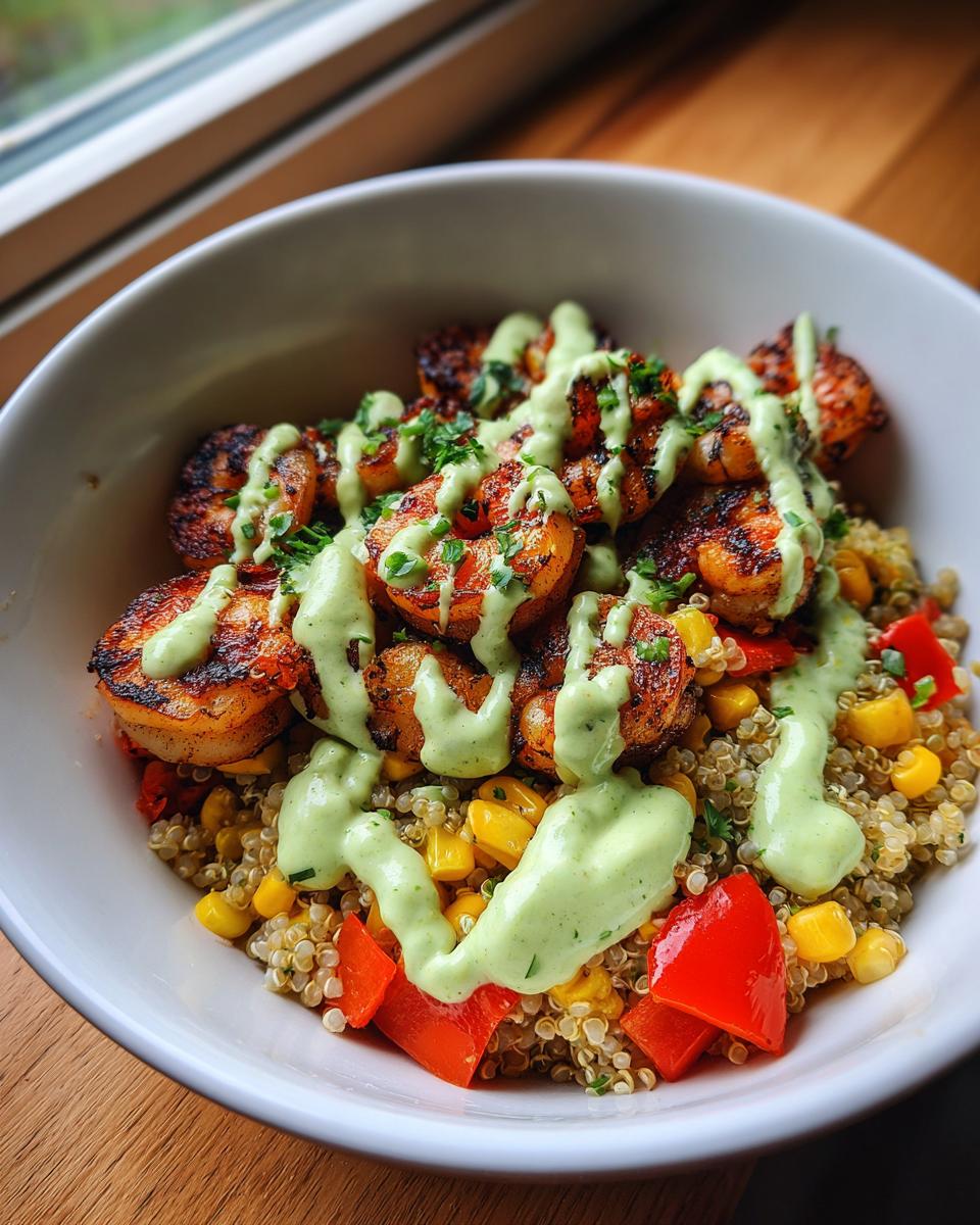 Close-up of grilled shrimp bowls featuring seasoned shrimp over quinoa, corn, and red peppers, drizzled with a vibrant green sauce.