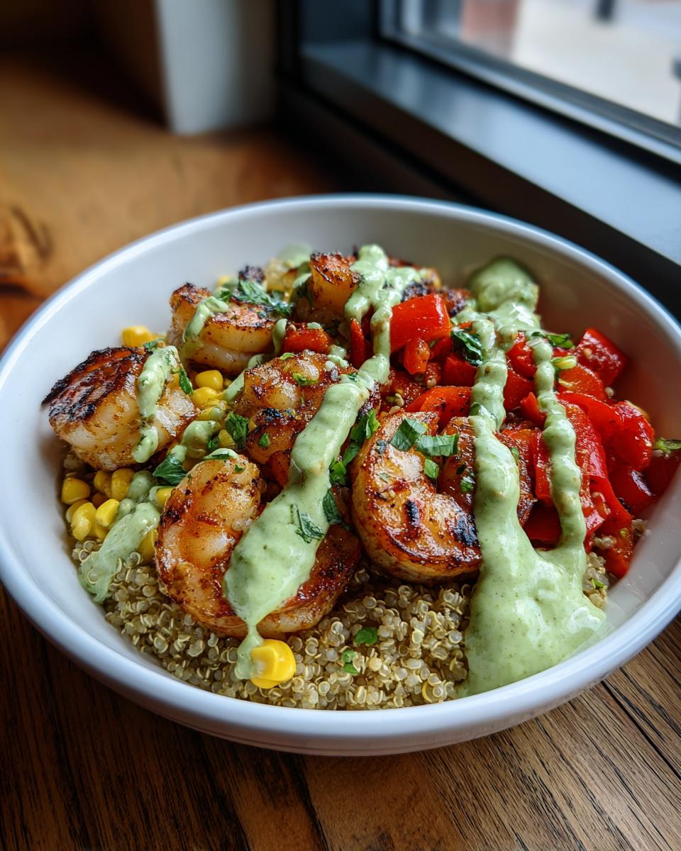 Close-up of a white bowl filled with grilled shrimp bowls ingredients: quinoa, grilled shrimp, corn, red peppers, and drizzled with a creamy green sauce.
