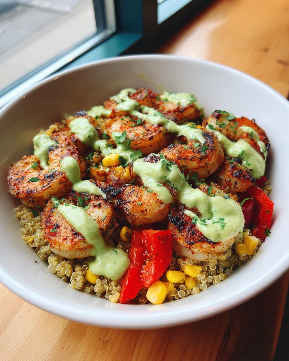 A white bowl filled with grilled shrimp bowls featuring seasoned shrimp, quinoa, corn, red peppers, and a creamy green sauce drizzle.